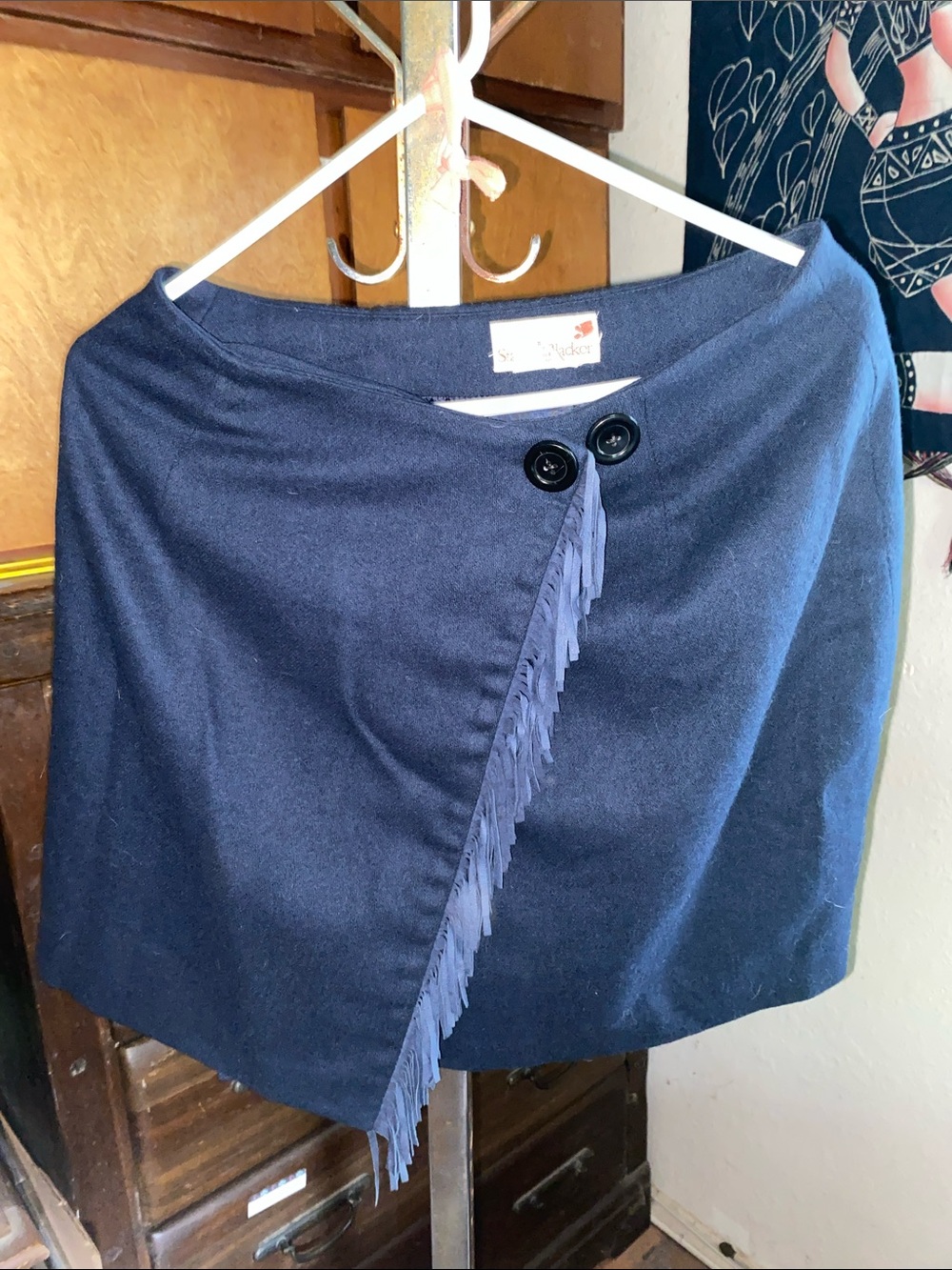 100% Wool Women's Navy Fringe Wrap Skirt